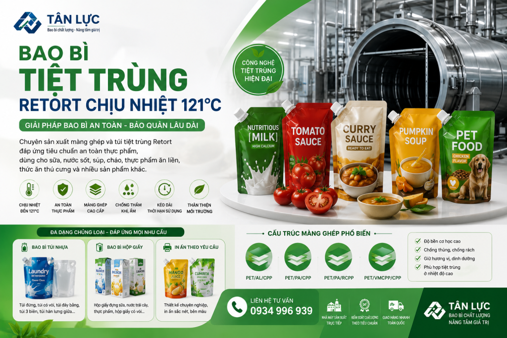 Chuyên sản xuất bao bì tiệt trùng chịu nhiệt độ cao, túi Retort, màng ghép tiệt trùng cho sữa, nước sốt, cháo dinh dưỡng và thực phẩm xuất khẩu.